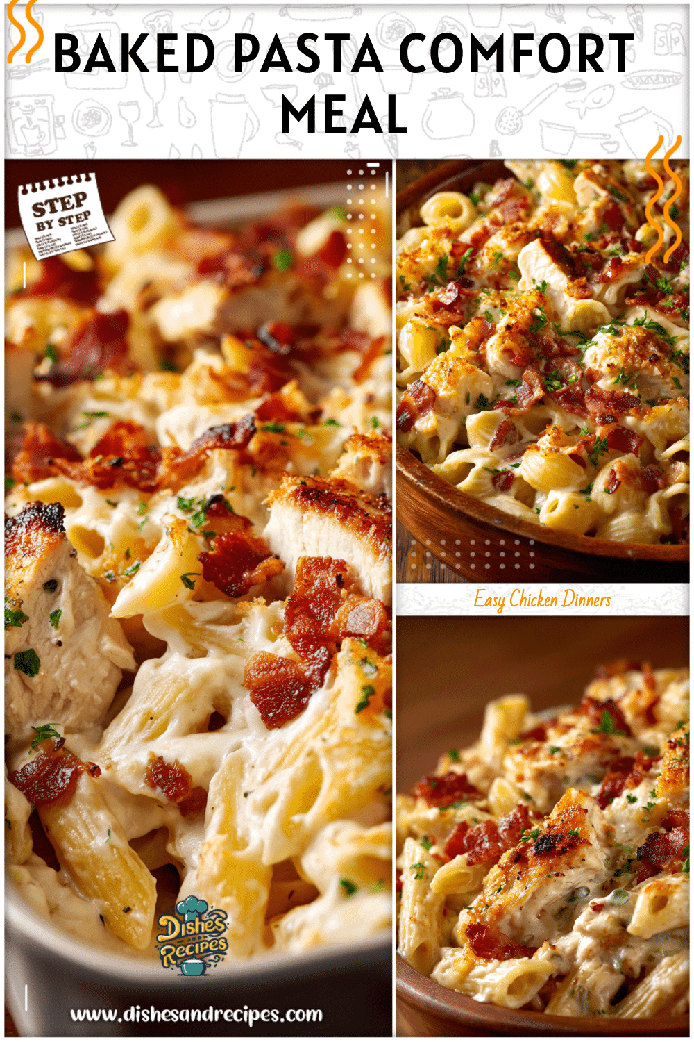 Creamy baked pasta with chicken, ranch sauce, and crispy bacon baked golden for a cozy meal.